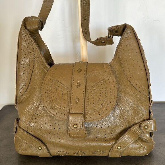 BCBG MAXAZRIA Olive Green Pebbled Leather Hobo Shoulder Bag Slouchy Purse Studs - Picture 3 of 16